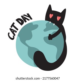 Día mundial del gato. Gran día de purrí. Ilustración vectorial en honor a la celebración del Día Internacional de los Gatos. Tarjeta de felicitación para los amantes del gato. Logo, etiqueta, emblema para la festividad de los gatos