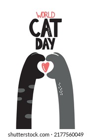 Día mundial del gato. Gran día de purrí. Ilustración vectorial en honor a la celebración del Día Internacional de los Gatos. Tarjeta de felicitación para los amantes del gato. Logo, etiqueta, emblema para la festividad de los gatos