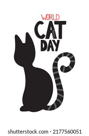 Día mundial del gato. Gran día de purrí. Ilustración vectorial en honor a la celebración del Día Internacional de los Gatos. Tarjeta de felicitación para los amantes del gato. Logo, etiqueta, emblema para la festividad de los gatos