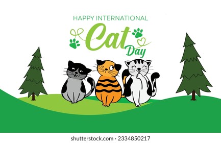 world cat day. international cat day. background design to commemorate international cat day with the theme of a forest and a green cat.