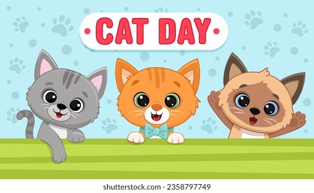 World Cat Day. International Cat Day. Cartoon kitten. Holiday concept. Template for background, banner, card, poster. Vector