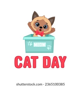 World Cat Day. International Cat Day. Cartoon kitten. Holiday concept. Template for background, banner, card, poster. Vector