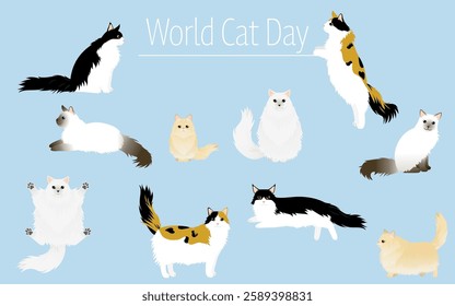 World Cat Day, long-haired cat set (Persian, Maine Coon, Norwegian Forest Cat, Balinese, Cyberian), Vector Illustration