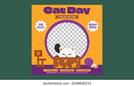 World Cat Day Socials Media. International cat day, vector illustration, flyer, banner, social media post, poster, typography, icons, cat face, cat body shape