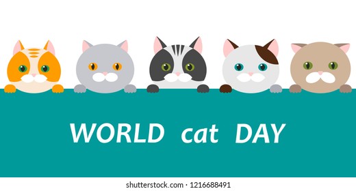 World cat day. Vector illustration. Faces of cats of different breeds. Design of a banner, an invitation to an exhibition, flyer or postcard.