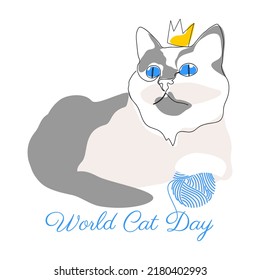World Cat Day. White-gray cat with a crown on his head.
