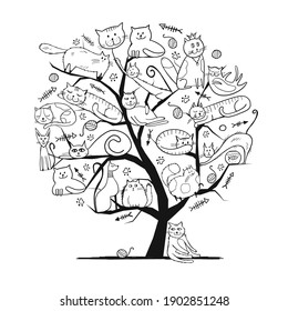 World Cats Day. Art Tree with funny cats for your design. Vector illustration