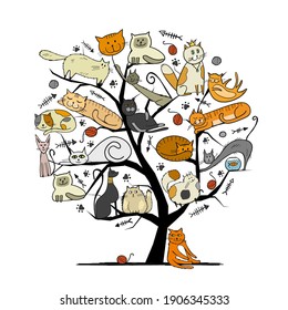 World Cats Day. Art Tree with funny cats for your design. Vector illustration