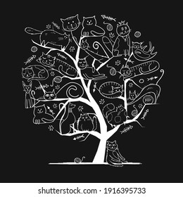 World Cats Day. Art Tree with funny cats for your design. Vector illustration