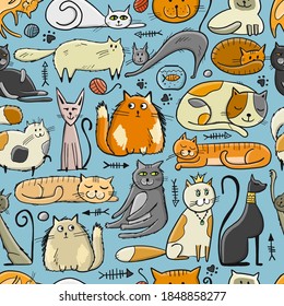 World Cats Day. Seamless Pattern with cats characters for your design. Vector illustration