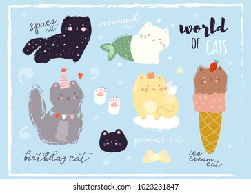 World of cats. Vector set of various kittens. Everything is isolated