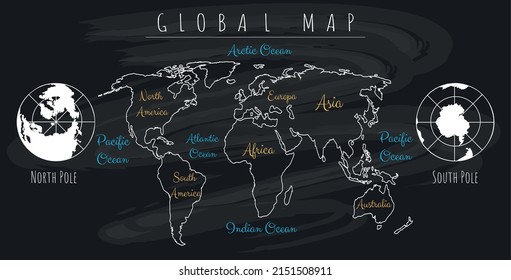 World chalkboard. Chalk global map, earth blackboard white outline scribble, sketchy globe travel atlas, worldmap continents drawings