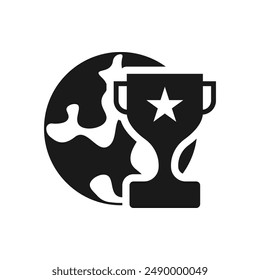 World champion, trophy with earth globe icon flat style isolated on white background. Vector illustration