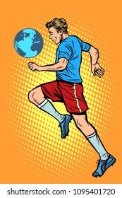 World championship. football player with planet Earth like a soccer ball. Pop art retro vector illustration kitsch vintage