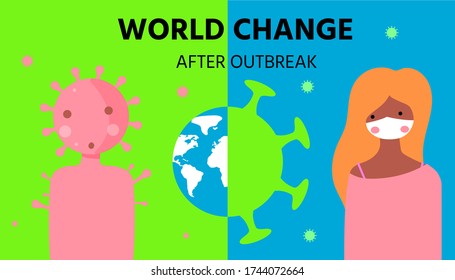 world change after corona virus outbreak,COVID-19 pandemic,New normal lifestyle concept,People wearing medical (surgical) mask and living together with the coronavirus,vector illustration for graphic