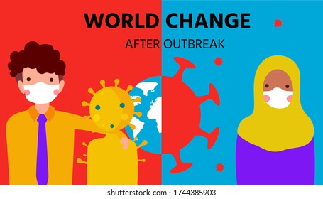 World Change After Corona Virus Outbreak,COVID-19 Pandemic,New Normal Lifestyle Concept,People Wearing Medical (surgical) Mask And Living Together With The Coronavirus,vector Illustration For Graphic