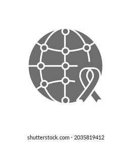 World charity day, globe with awareness ribbon, donation, volunteering grey icon