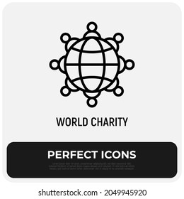 World Charity Thin Line Icon. Multikulturelle Einheit, soziale Solidarität, Globalisierung. Menschen verschiedener Nationalitäten auf der ganzen Welt. Vektorgrafik.