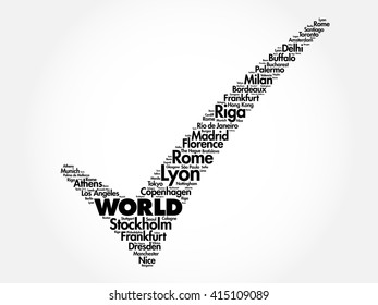 WORLD check mark word cloud concept made with words cities names, business concept background