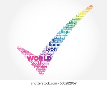 WORLD check mark word cloud concept made with words cities names, business concept background