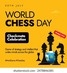 World Chess day 20th July celebration banner, post. Chess day banner with its pieces and earth globe. Chess has evolved over the centuries and will probably continue to keep changing with the times.