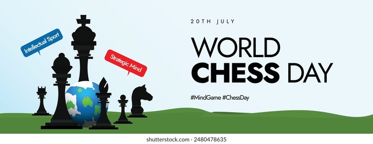 World Chess day 20th July celebration banner, post. Chess day cover banner with its pieces and earth globe. Chess has evolved over the centuries and will probably continue to keep changing with times.