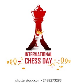 World Chess Day concept icon. The queen piece stands behind pawn piece wearing a crown. Minimalist card to International Chess Day.