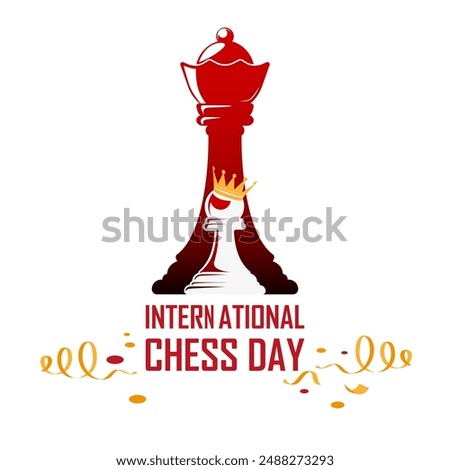 World Chess Day concept icon. The queen piece stands behind pawn piece wearing a crown. Minimalist card to International Chess Day.