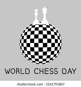 World Chess Day lettering. King and Queen on the globe as chessboard