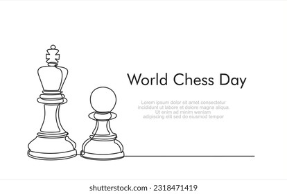 World chess day. Queen and pawn, chess pieces continuous one line art illustration. Can used for logo, emblem, slide show and banner. 