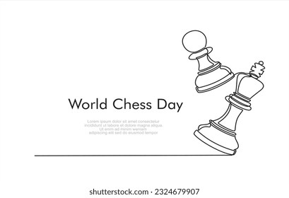 World chess day. Queen and pawn, chess pieces continuous one line art illustration. Can used for logo, emblem, slide show and banner. 