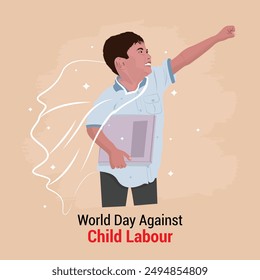 World  Child Labour Day illustration of beautiful happy Super hero child holding a book in hand and wings. Vector minimal illustration World Day Against Child Labour Day