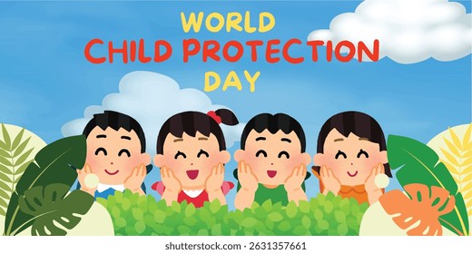 World Child Protection Day poster with the world's children are protected, World Children's Day banner. Vector cartoon doodle. Poster in retro style. International celebrate. Colored letters., 
