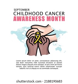 World childhood cancer month vector design with a hand holding a yellow ribbon illustration poster