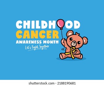 World childhood cancer poster design with teddy bear is holding yellow ribbon illustration