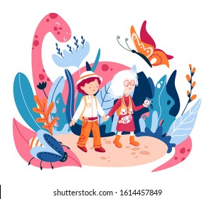 World of childhood flat vector illustration. Children fantasy word, with fictional cute monsters. Kids cartoon characters playing in a dream world. Adventures in Wonderland. Friendship.