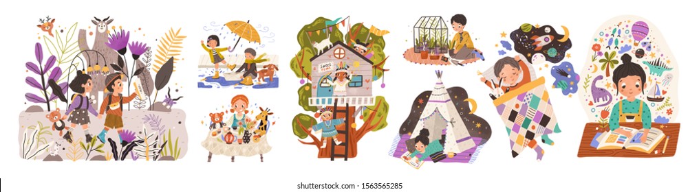 World of childhood flat vector illustrations set. Kids cartoon characters playing games and doing childish activities. Building a shelter, drawing, reading fairy tales. Children dreams and imagination
