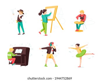 World of childhood flat vector illustrations set. Kids cartoon characters playing piano, drawing,  sculprt, singing, ballet dancing, play in theater. Children dreams and imagination