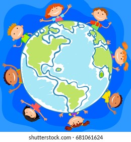 The world children in a circle kids smile white background