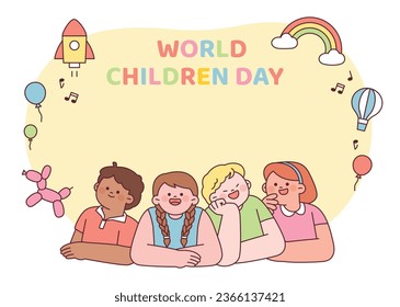 Día Mundial de la Infancia. Niños de todo el mundo de diversas razas están sentados juntos, descansando sus mentes e imaginando cosas felices.