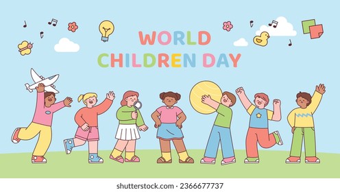 Día Mundial de la Infancia. Niños amables están de pie juntos y divirtiéndose. Niños de diversas razas en todo el mundo.