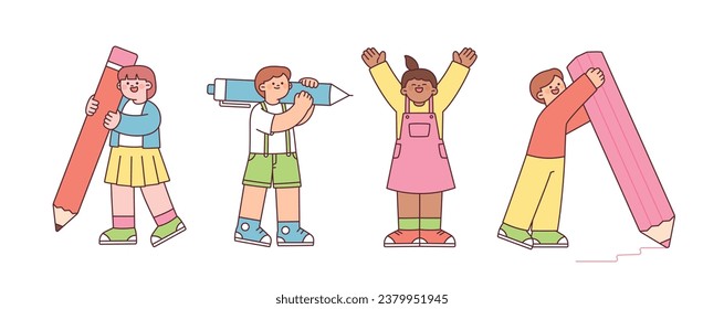 World children day.  Cute young students are writing with large pencils. outline simple vector illustration.