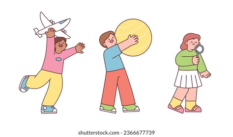 World children day. Children holding toy airplane, rubber ball and magnifying glass. Children of various races around the world.