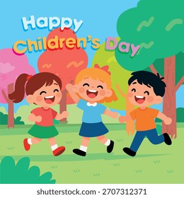 Día Mundial del Niño 2D ilustración plana de dibujos animados doodle. Muchachas y muchacho felices en el jardín, con los árboles coloridos, el fondo festivo y el texto Día feliz de los niños 