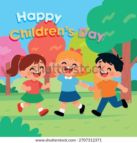World Children's Day 2D flat doodle cartoon illustration. Happy girls and boy in the garden, with colorful trees, festive background and text Happy Children's Day 