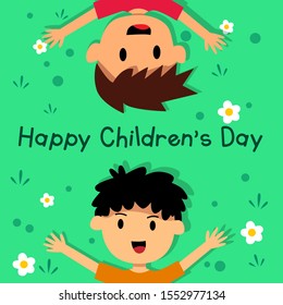 World Children's Day. A background with a green pasture with flowers on it, there are two children who are being touched, for background, cover, text template