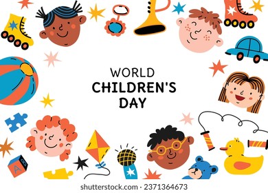 World children's day background. Happy International Children's Day design. November 20. Childrens Day celebration. Template for Poster, Banner, Flyer, Greeting Card, Post. Cartoon Vector illustration