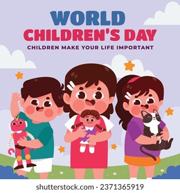 World children's day background. Happy International Children's Day design. November 20. Childrens Day celebration. Template for Poster, Banner, Flyer, Greeting Card, Post. Cartoon Vector illustration