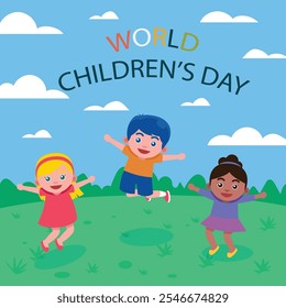 World children's day background. Happy  Children's Day design. Children's Day celebration. Template for Poster, Banner, Flyer, Greeting Card, Post. Cartoon Vector illustration