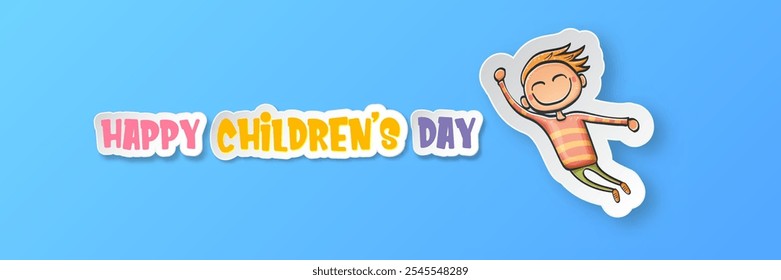 Fundo do dia das crianças do mundo com pequeno menino bonito engraçado isolado no fundo azul. Vetor mundo feliz crianças dia poster conceito com desenho animado engraçado criança sorrindo